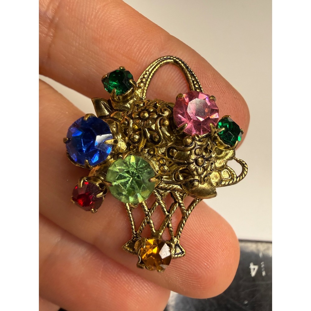 Vintage Gold Tone Multi Color Rhinestone Flower Basket Brooch Pin